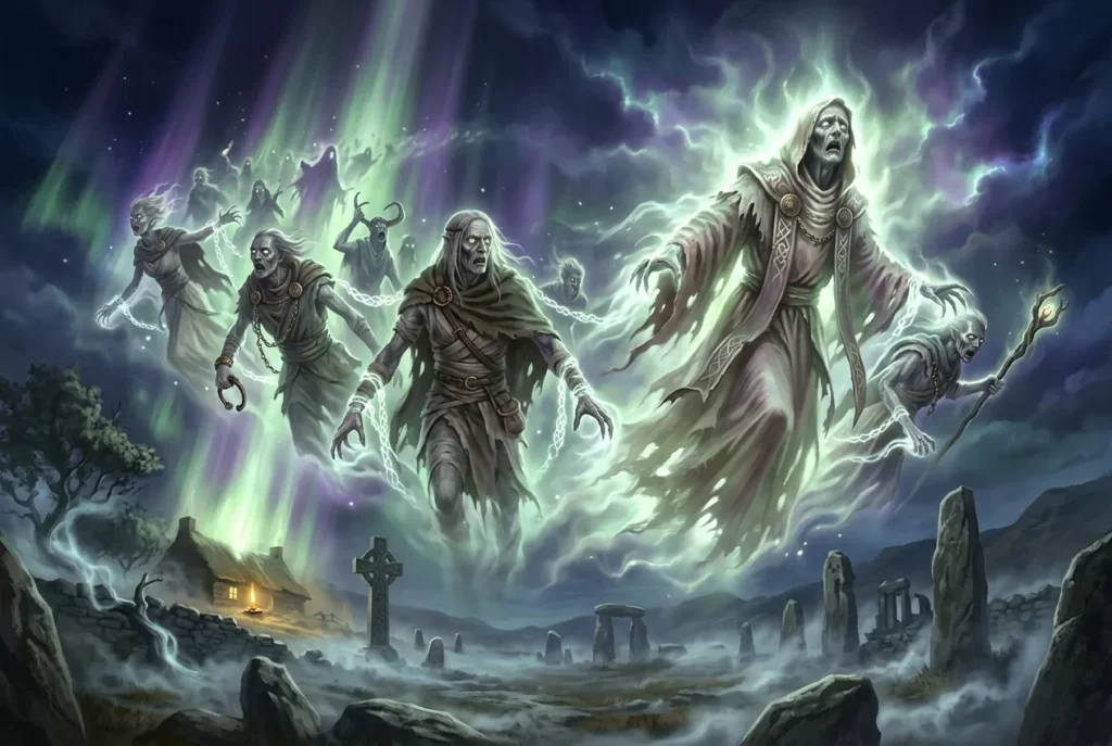 Sluagh mitología irlandesa: horda de espíritus errantes volando en la noche capturando almas