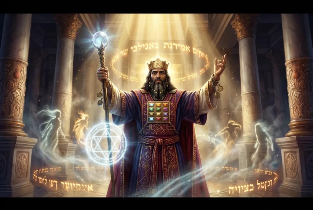 Salomón rey de Israel con corona y cetro, figura de la mitología judía conocida por su sabiduría sobrehumana