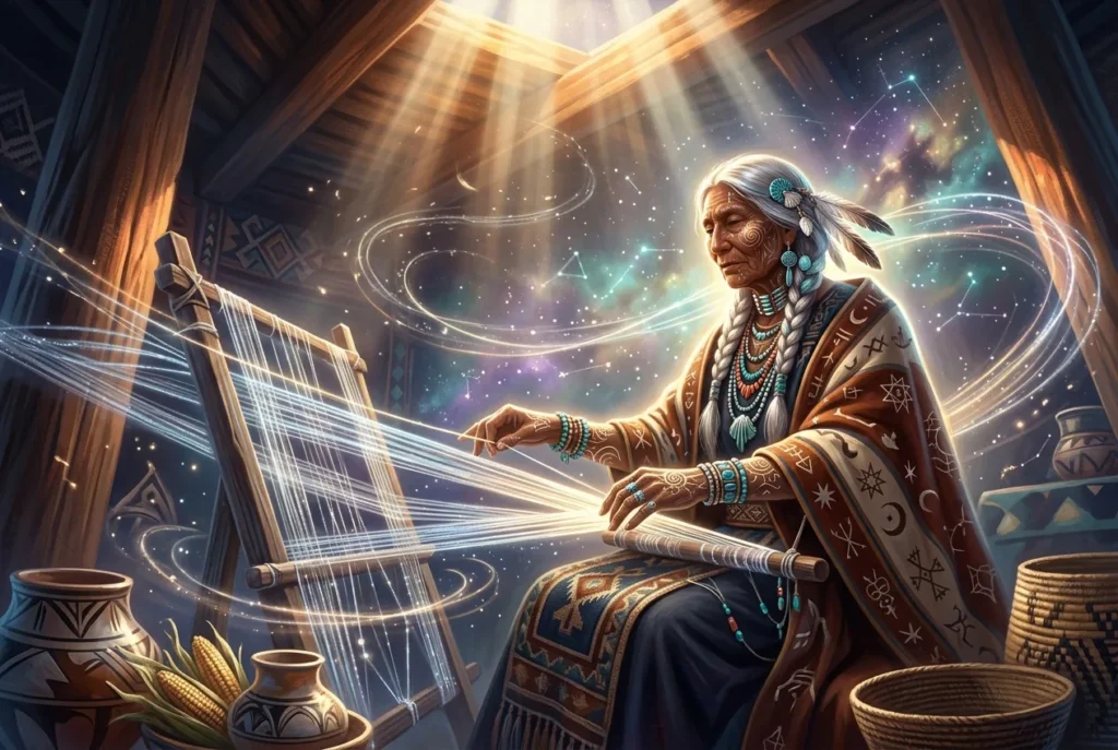 Spider Grandmother, deidad indígena americana: Abuela Araña simbolizando sabiduría, creación y conexión cósmica en mitología nativa