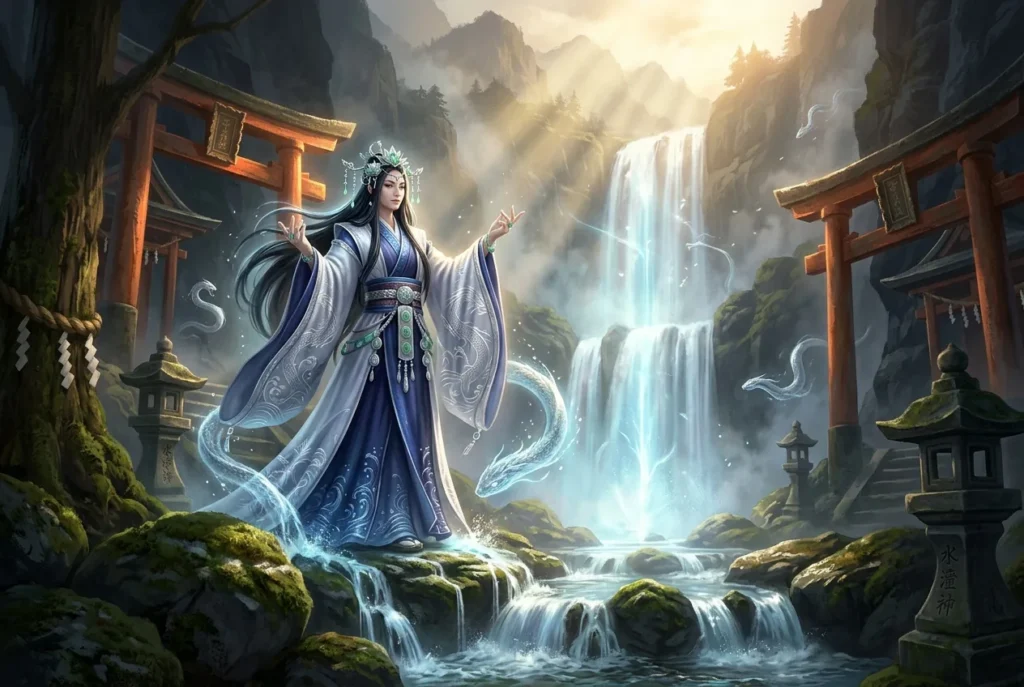 Suijin, deidad del agua en la mitología japonesa, kami del sintoísmo representado como dragón y serpiente acuática