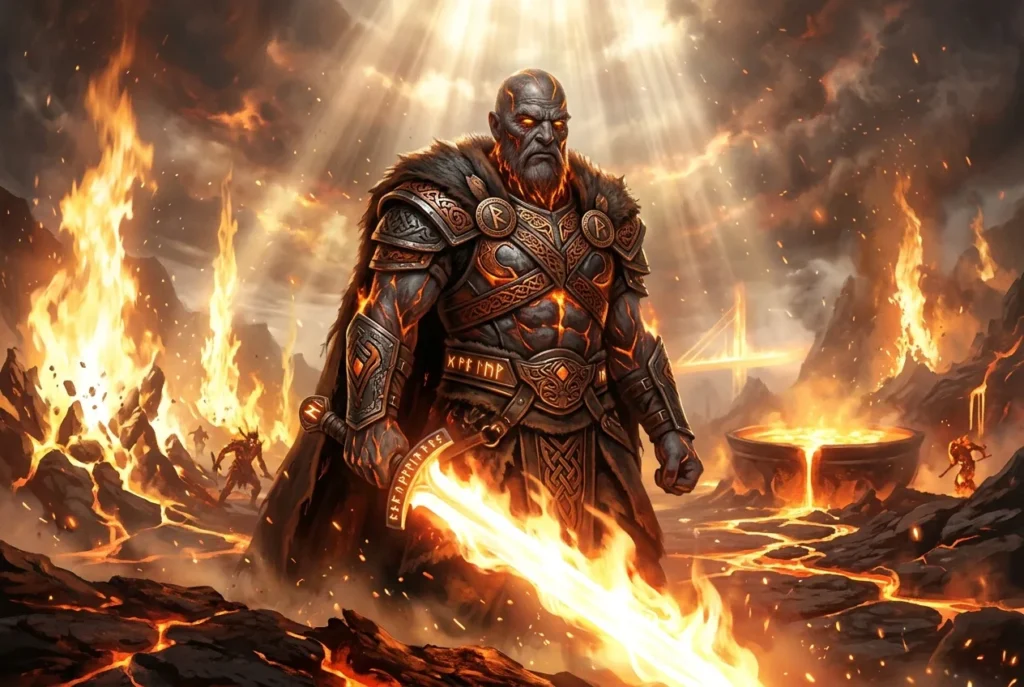 Surtr gigante de fuego mitología nórdica con espada ardiente en Muspelheim durante Ragnarök
