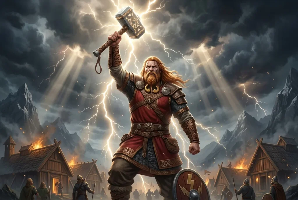 Thor dios del trueno mitología nórdica con martillo Mjölnir, hijo de Odín y protector de Asgard