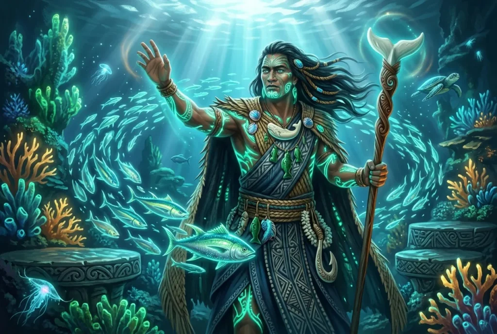 Tinirau, dios maorí y polinésio del mar, guardián de peces y criaturas oceánicas en la mitología polinesia