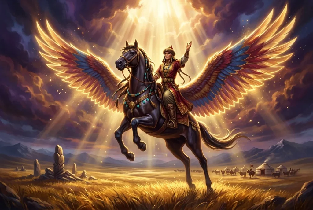 Tulpar caballo alado mitología turca criatura legendaria estepas Asia Central símbolo de fuerza y libertad