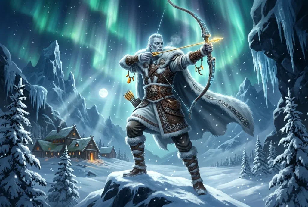 Ullr dios nórdico del invierno y la caza en mitología escandinava, representado con arco y esquís
