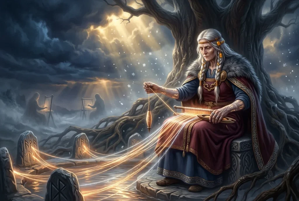 Urd la Norna nórdica tejiendo el destino, hilandera del pasado en la mitología nórdica