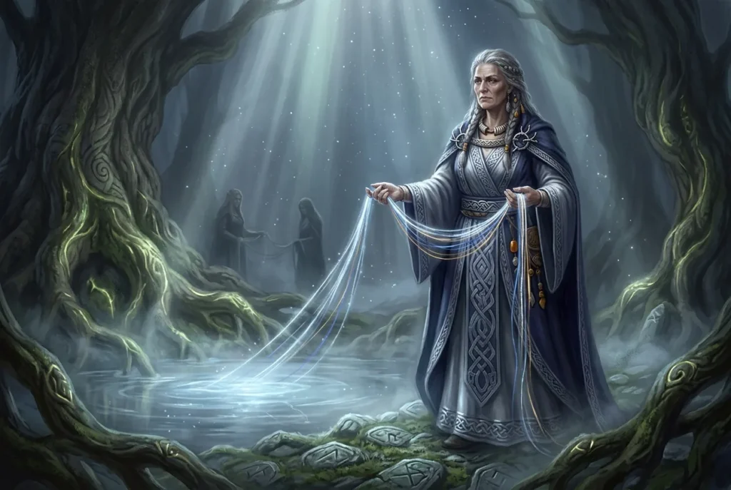 Urðr Norna mitología nórdica tejiendo destino bajo Yggdrasil, representación de las Nornas escandinavas