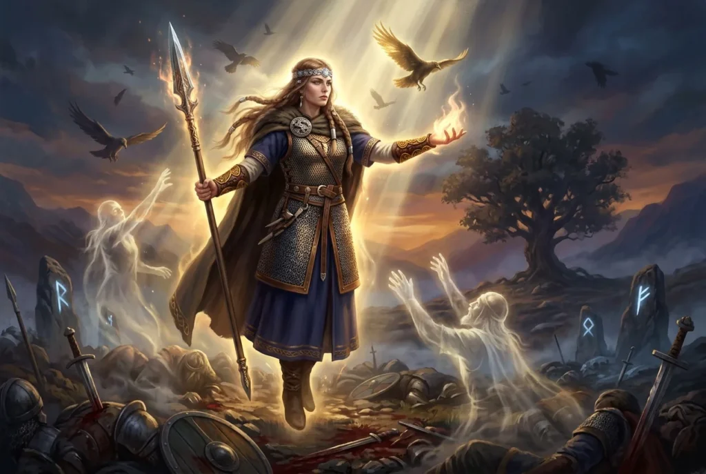 Valkiria de mitología nórdica con armadura y lanza, elegida de Odín en campo de batalla