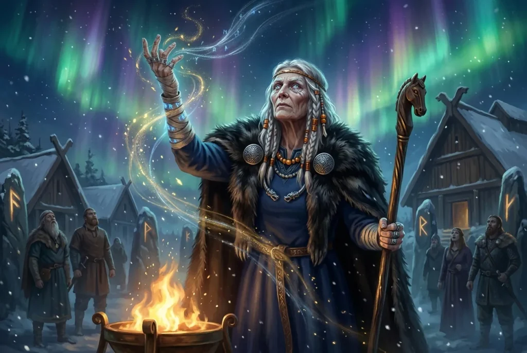 Völva vidente nórdica con poderes mágicos seidr en la mitología vikinga antigua
