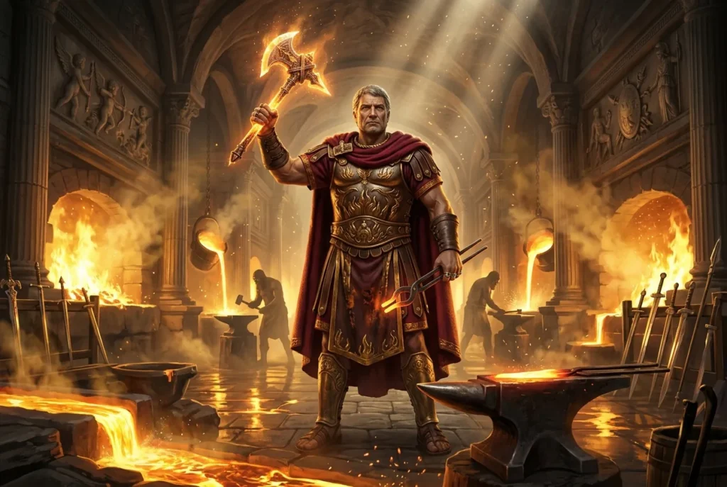 Vulcano dios romano del fuego forja y metalurgia con martillo divino