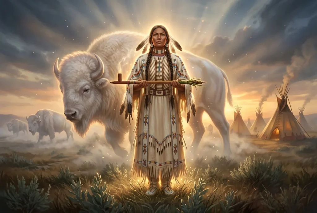 White Buffalo Calf Woman, mensajera sagrada de la mitología Sioux Lakota en las llanuras de América del Norte