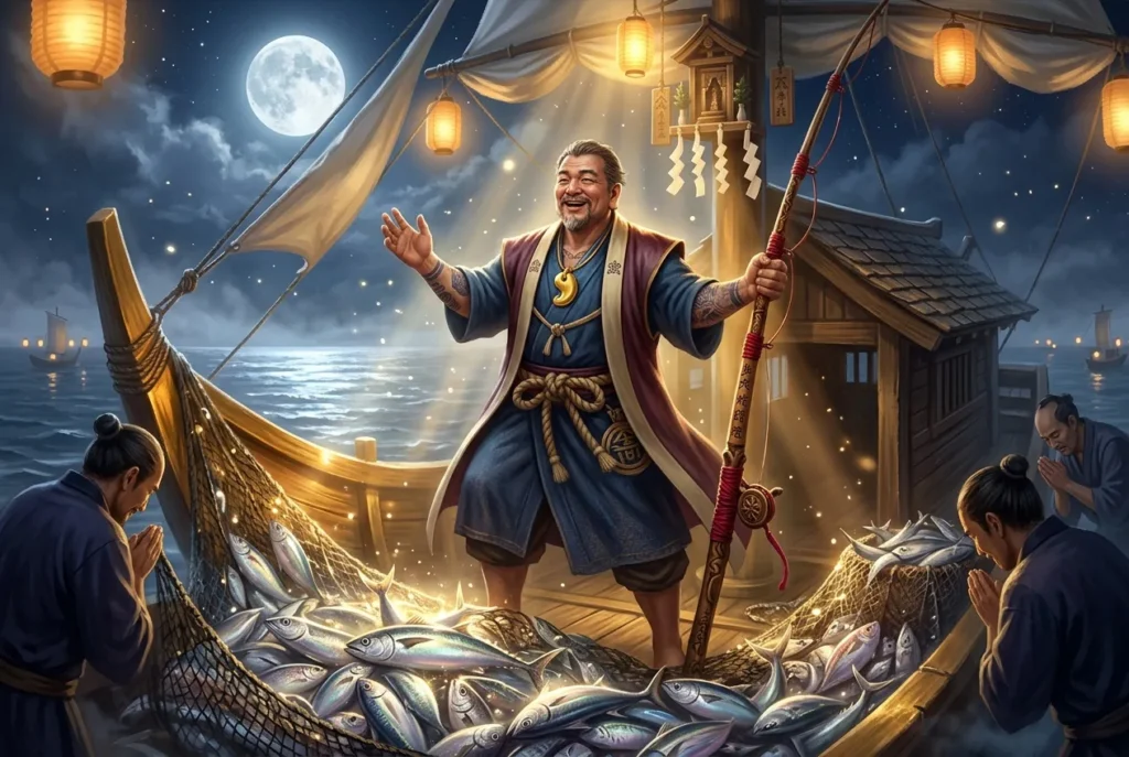 Yebisu dios japonés de la fortuna y la pesca con sonrisa benevolente y atuendo tradicional