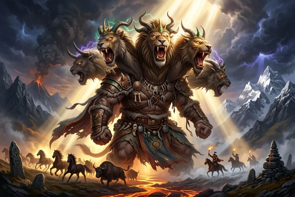 Yelbeghen, gigante mongol de múltiples cabezas de la mitología altaica, encarnación del caos y destrucción en las leyendas túrquicas