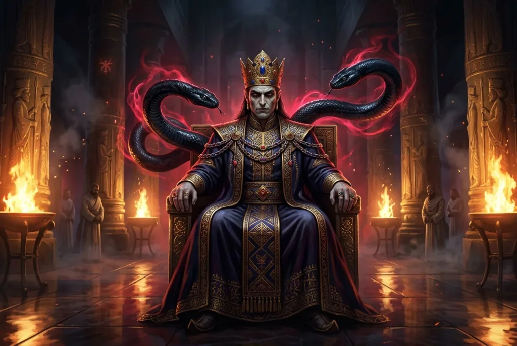 Zahhak el tirano serpentino de la mitología persa, criatura monstruosa del Shahnameh con serpientes