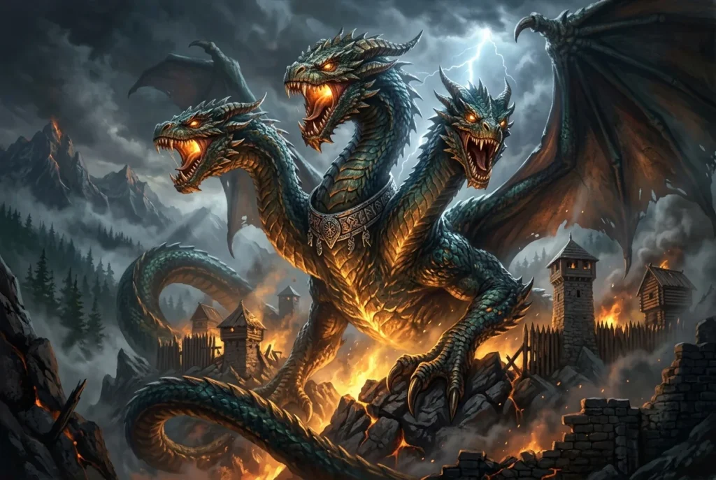 Zmey Gorynych, dragón de tres cabezas de la mitología eslava rusa, criatura legendaria de las montañas
